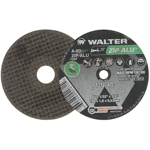 Meule ZIP ALU, 4" x 1/32", Arbre de 3/8", Type 1, Oxyde d'aluminium, 19100 Tr/min Oxymax Inc