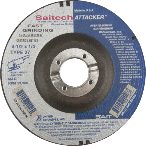 Saitech Attacker&reg; Fast Grinding Wheel, 4-1/2" x 1/4", 7/8" Arbor, Aluminum Oxide/Ceramic, Type 27 Oxymax Inc
