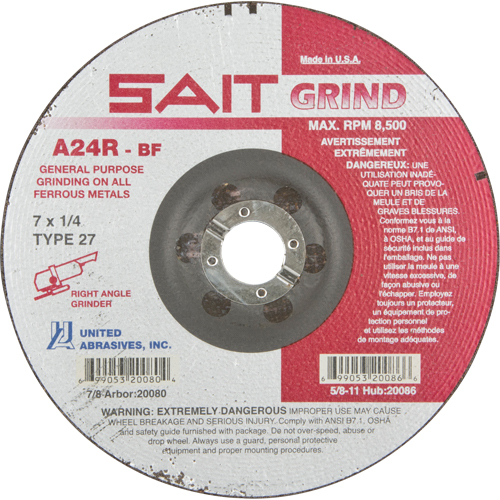 A24R Long Life Grinding Wheel, 7" x 1/4", 7/8" Arbor, Aluminum Oxide, Type 27 Oxymax Inc
