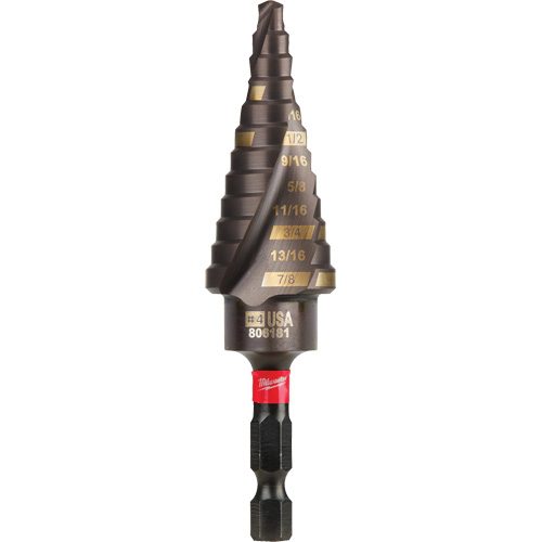#4 Shockwave Impact Duty Step Drill Bit, 3/16" - 7/8" , 1/16" Increments, Titanium Oxymax Inc