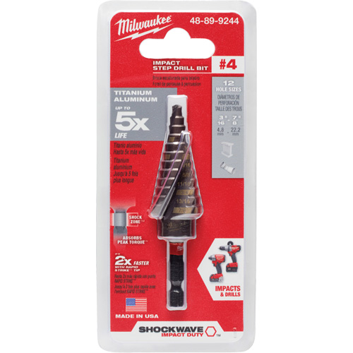 #4 Shockwave Impact Duty Step Drill Bit, 3/16" - 7/8" , 1/16" Increments, Titanium Oxymax Inc