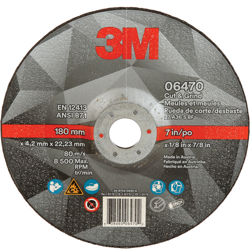 Cut & Grind Wheel, 7" x 1/8", 7/8" Arbor, Type 27, Ceramic Oxymax Inc