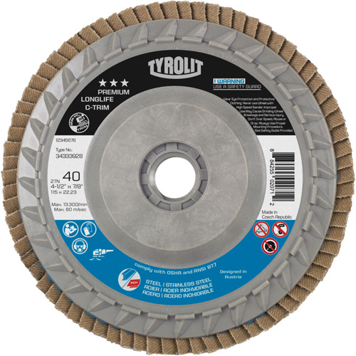 Disque &agrave; lamelles Long Life C-Trim, 4-1/2" x 5/8"-11, Type 27, Grain 40, Alumine de zirconium Oxymax Inc
