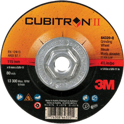 Meule &agrave; moyeu d&eacute;port&eacute; &agrave; changement rapide Cubitron II 64?320, 4-1/2" x 1/4", Arbre de 5/8"-11, Type 27, C&eacute;ramique Oxymax Inc