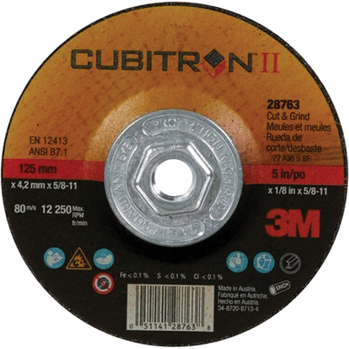 Cubitron II Quick Change Cut & Grind Wheel, 5" x 1/8", 5/8"-11 Arbor, Type 27, Ceramic Oxymax Inc