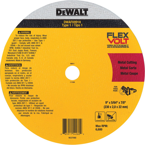 FlexVolt&reg; Metal Cut-Off Wheel, 9-1/16" x 0.078", 22.23 mm Arbor, Ceramic, Type 1 Oxymax Inc