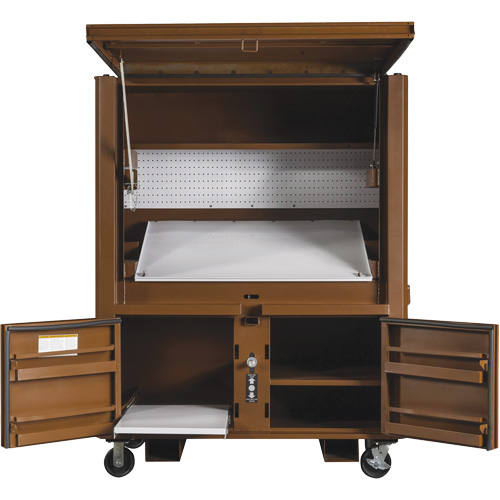 Coffre de chantier et surface de travail sur le terrain, 33" la x 63" p x 80" h, Acier, Rouge Oxymax Inc