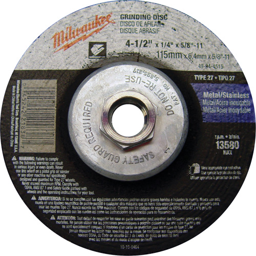 Grinding Wheel, 4-1/2" x 1/4", 5/8"-11 Arbor, Aluminum Oxide, Type 27 Oxymax Inc