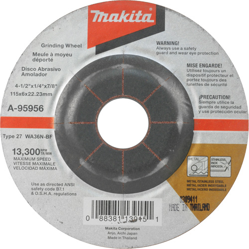 INOX Grinding Wheel, 4-1/2" x 1/4", 7/8" Arbor, Aluminum Oxide, Type 27 Oxymax Inc