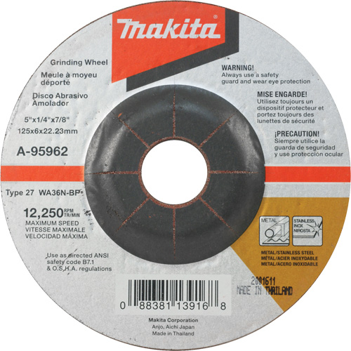 INOX Grinding Wheel, 5" x 1/4", 7/8" Arbor, Aluminum Oxide, Type 27 Oxymax Inc