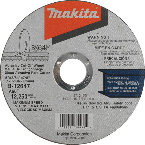 Thin Kerf Cut-Off Wheel, 5" x 3/64", 7/8" Arbor, Type 1, Aluminum Oxide, 12250 RPM Oxymax Inc