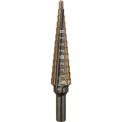 Step Drill Bit, 1/8"/#1 - 1/2"/#1 , 1/32" Increments, High Speed Cobalt Oxymax Inc