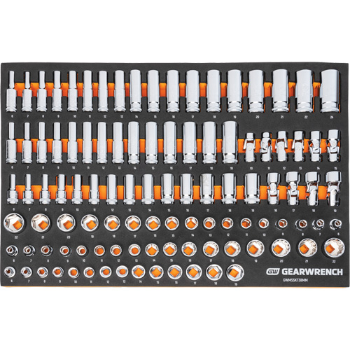 Jeu d'outils m&eacute;triques pour m&eacute;canicien MEGAMOD dans des plateaux en mousse modulaire avec armoire roulante &agrave; outils, 358 morcea Oxymax Inc