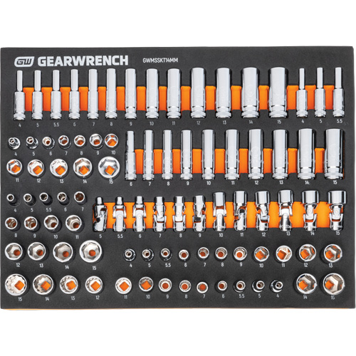 Jeu d'outils m&eacute;triques pour m&eacute;canicien MEGAMOD dans des plateaux en mousse modulaire avec armoire roulante &agrave; outils, 358 morcea Oxymax Inc