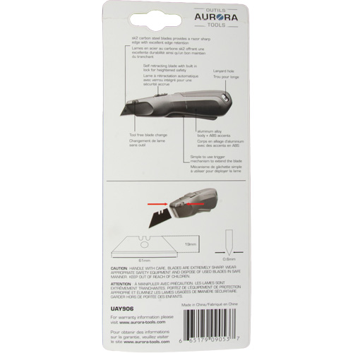 Couteau de s&eacute;curit&eacute; r&eacute;tractable , Acier inoxydable, Robuste, Prise en Plastique/Aluminium Oxymax Inc