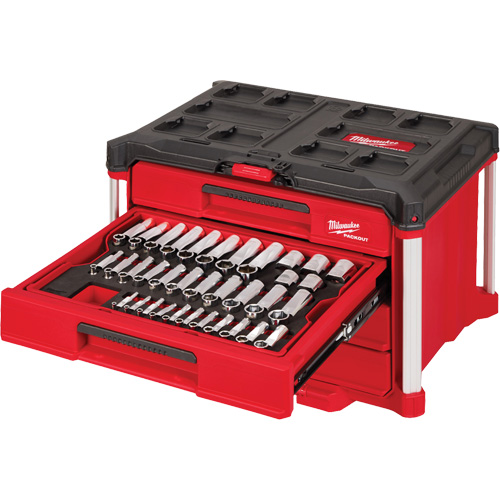 Ensemble de 242 pi&egrave;ces de douilles et cliquets m&eacute;triques et SAE 1/4", 3/8" et 1/2" avec boîte &agrave; outils PACKOUT &agrave; 4 tiroirs, 16-3/10" x 22-1/5" x 14-3/10", Noir/Rouge Oxymax Inc