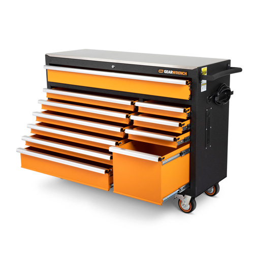 Rolling Tool Cabinet with Stainless Steel Worktop, 11 Drawers, 52" W x 18" D x 36" H, Black/Orange Oxymax Inc