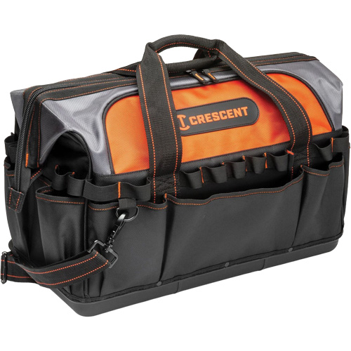 20" Contractor Tool Bag, 1680 Denier/Polyester, 31 Pockets, Black/Grey/Orange Oxymax Inc