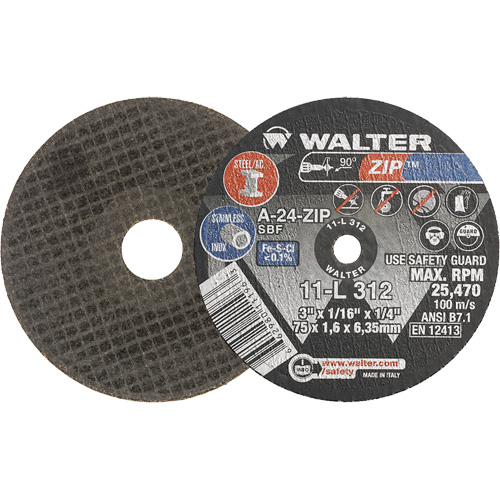 Zip Cut-Off Wheel, 3" x 1/16", 1/4" Arbor, Type 1, Aluminum Oxide, 25470 RPM Oxymax Inc