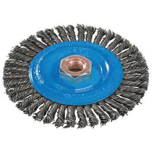Brosse &agrave; fils nou&eacute;s pour cordons de soudure, Dia. 4", Fils 0,02", Arbre 5/8"-11, Aluminium/Acier inoxydable Oxymax Inc