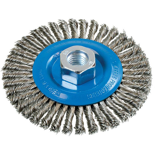 Stringer Bead Knotted Wire Brush, 4-1/2" Dia., 0.02" Fill, 5/8"-11 Arbor, Aluminum/Stainless Steel Oxymax Inc