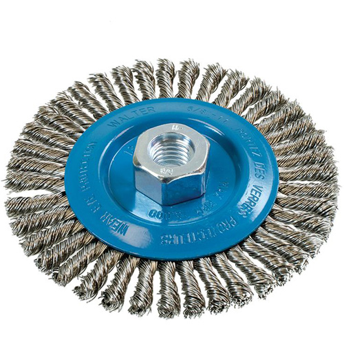 Brosse &agrave; fils &eacute;troits nou&eacute;s et torsad&eacute;s, Dia. 5", Fils 0,02", Arbre 5/8"-11, Aluminium/Acier inoxydable Oxymax Inc