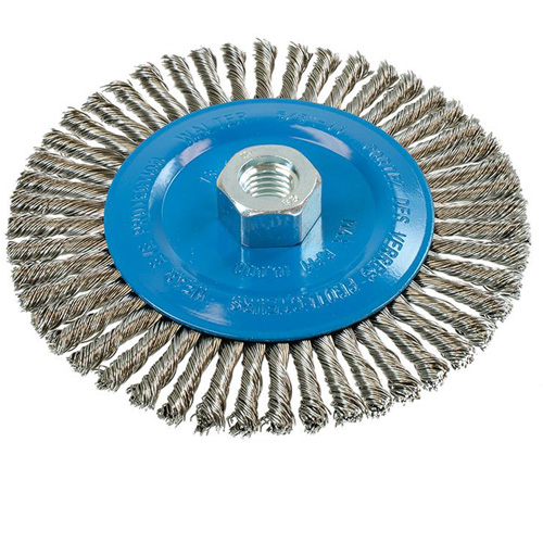 Brosse &agrave; fils &eacute;troits nou&eacute;s et torsad&eacute;s, Dia. 6", Fils 0,02", Arbre 5/8"-11, Aluminium/Acier inoxydable Oxymax Inc