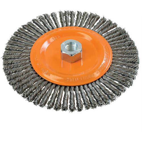 Stringer Bead Knotted Wire Brush, 6-7/8" Dia., 0.02" Fill, 5/8"-11 Arbor, Steel Oxymax Inc