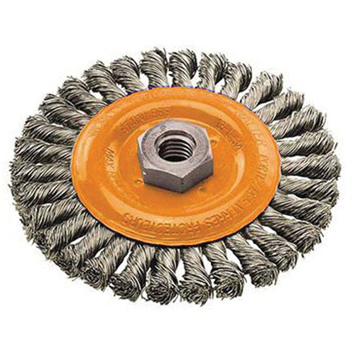 Wide Knotted Wire Wheel Brush, 4" Dia., 0.02" Fill, 5/8"-11 Arbor, Steel Oxymax Inc