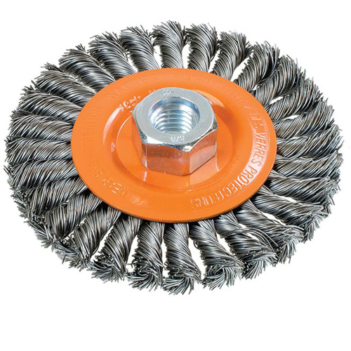 Brosse rotative &agrave; fils nou&eacute;s large, Dia. 4-1/2", Fils 0,02", Arbre 5/8"-11, Acier Oxymax Inc