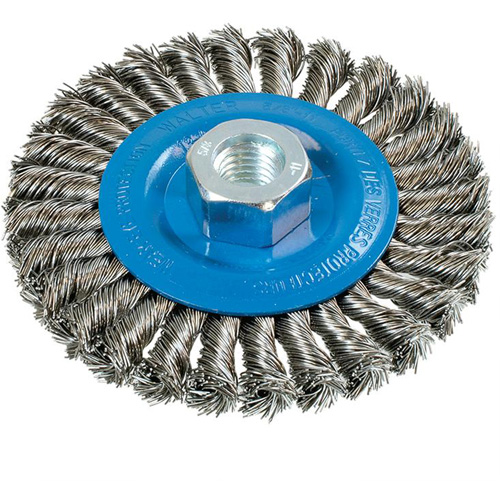 Wide Knotted Wire Wheel Brush, 4-1/2" Dia., 0.02" Fill, 5/8"-11 Arbor, Aluminum/Stainless Steel Oxymax Inc