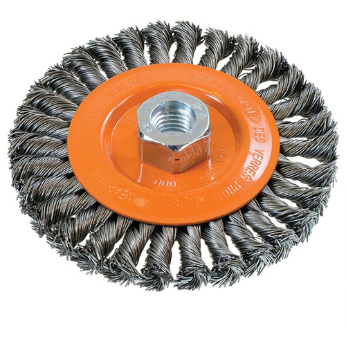 Wide Knotted Wire Wheel Brush, 5" Dia., 0.02" Fill, 5/8"-11 Arbor, Steel Oxymax Inc