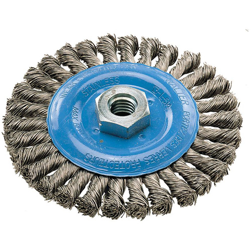 Wide Knotted Wire Wheel Brush, 5" Dia., 0.02" Fill, 5/8"-11 Arbor, Aluminum/Stainless Steel Oxymax Inc