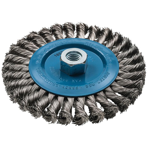 Brosse rotative &agrave; fils nou&eacute;s large, Dia. 6", Fils 0,02", Arbre 5/8"-11, Aluminium/Acier inoxydable Oxymax Inc