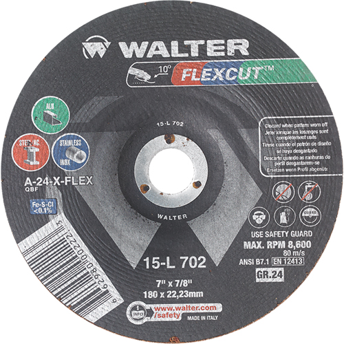 Flexcut Depressed Centre Grinding Wheels, 7", 24 Grit, Aluminum Oxide, 7/8", 8600 RPM, Type 29 Oxymax Inc