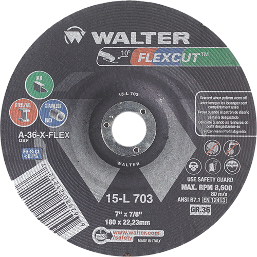 Flexcut Depressed Centre Grinding Wheels, 7", 36 Grit, Aluminum Oxide, 7/8", 8600 RPM, Type 29 Oxymax Inc