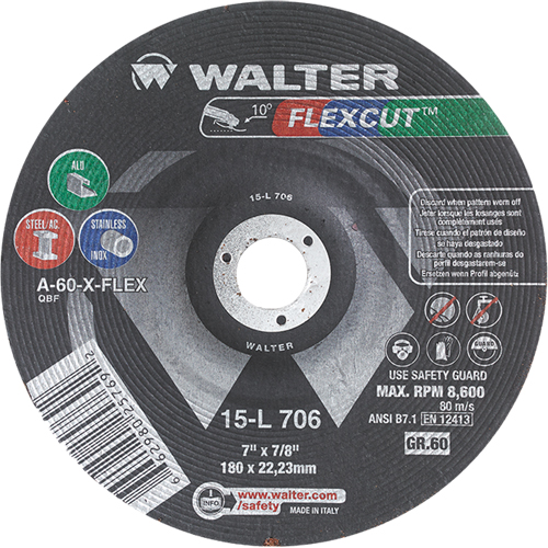 Flexcut Depressed Centre Grinding Wheels, 7", 60 Grit, Aluminum Oxide, 7/8", 8600 RPM, Type 29 Oxymax Inc