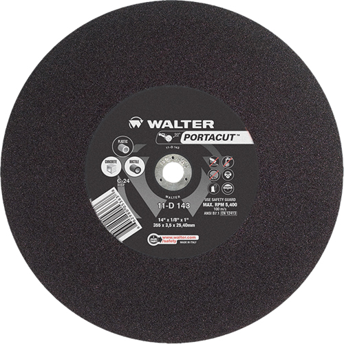 Meule &agrave; tronçonner rapide en acier inoxydable Portacut, 14" x 1/8", Arbre de 1", Type 1, Carbure de silicium, 5400 Tr/min Oxymax Inc