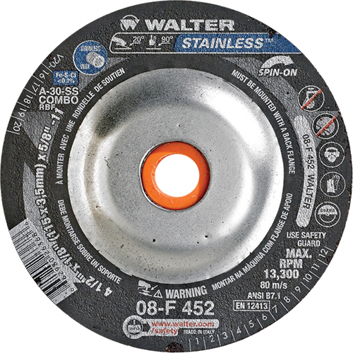 Meules &agrave; moyeu d&eacute;port&eacute; - Acier inoxydable type 27, 4-1/2" x 1/8", Arbre de 5/8"-11, Type 27S Oxymax Inc