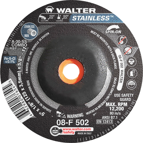 Meules &agrave; moyeu d&eacute;port&eacute; - Acier inoxydable type 27, 5" x 1/8", Arbre de 5/8"-11, Type 27S Oxymax Inc