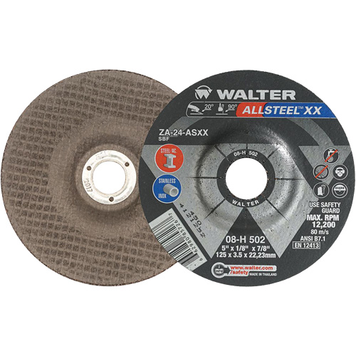 Depressed Centre Grinding Wheels - ALLSTEEL XX, 5" x 1/8", 7/8" Arbor, Type 27, Zirconia Alumina, 12200 RPM Oxymax Inc