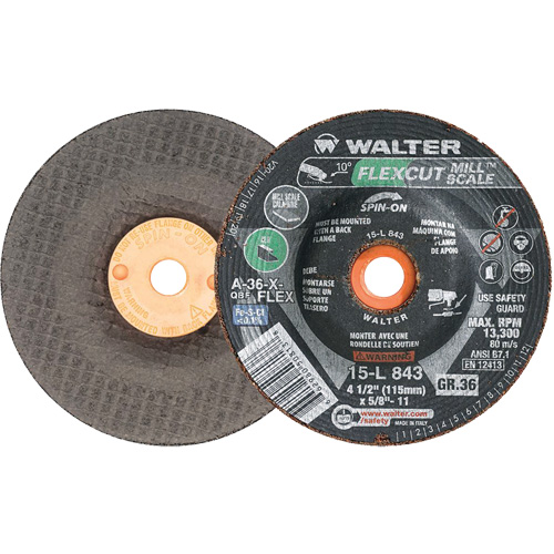 FLEXCUT MILL SCALE Grinding Wheel, 4-1/2", 36 Grit, Aluminum Oxide, 5/8"-11, 13300 RPM, Type 29 Oxymax Inc