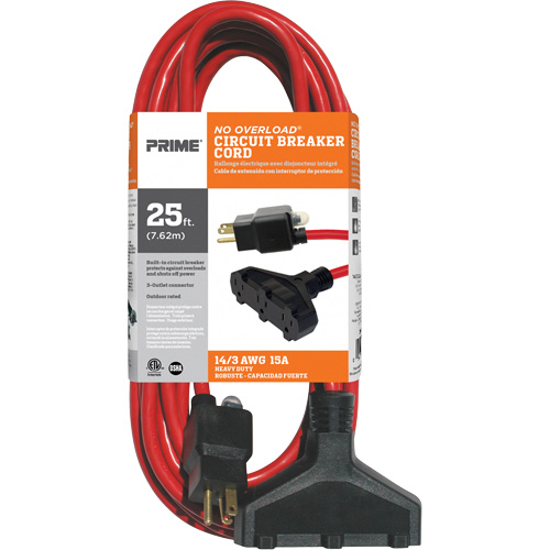 Vinyl Extension Cord, Outdoor, SJTW, 14/3 AWG, 15 A, 3 Outlet(s), 25' Oxymax Inc
