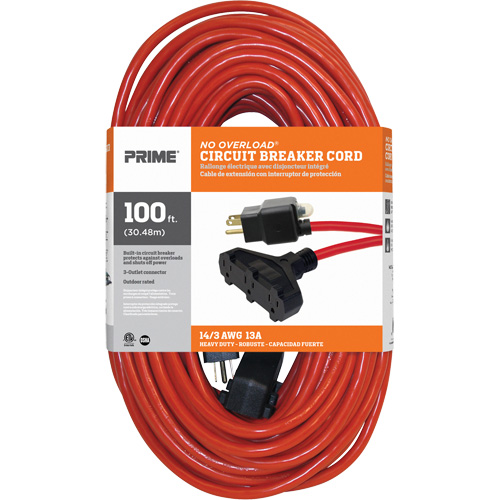 Vinyl Extension Cord, Outdoor, SJTW, 14/3 AWG, 13 A, 3 Outlet(s), 100' Oxymax Inc