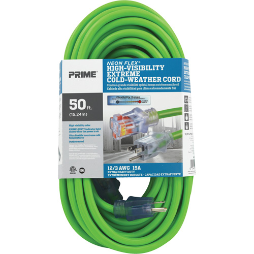Neon Flex&reg; High Visibility Extension Cord, Outdoor, SJTW, 12/3 AWG, 15 A, 50' Oxymax Inc