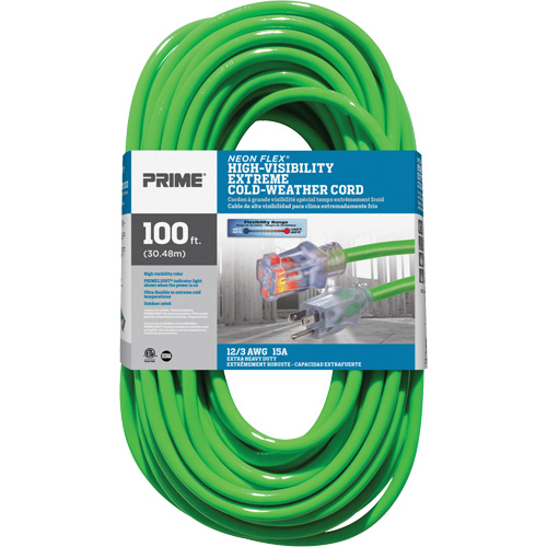 Neon Flex&reg; High Visibility Extension Cord, Outdoor, SJTW, 12/3 AWG, 15 A, 100' Oxymax Inc