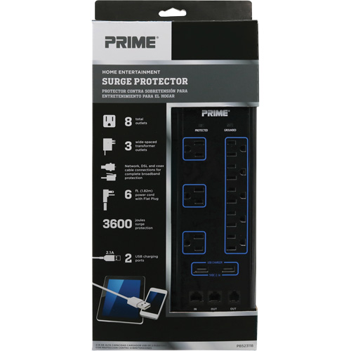 Limiteurs de surtension avec chargeur USB, 8 Prises, 3600 J, 1875 W, Cordon 6' Oxymax Inc