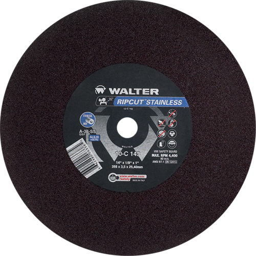 Meule &agrave; tronçonner Ripcut II pour la coupe de l'acier inoxydable sur scies fixes, 14" x 1/8", Arbre de 1", Type 1, Oxyde d'aluminium, 4400 Tr/min Oxymax Inc