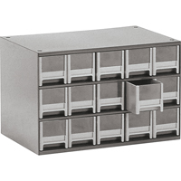 Modular Parts Cabinets, Steel, 15 Drawers, 17" x 10-9/16" x 3-1/16", Grey Oxymax Inc