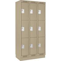 Clean Line Lockers, 3 -tier, Bank of 3, 36" x 18" x 76", Steel, Beige, Rivet (Assembled) Oxymax Inc